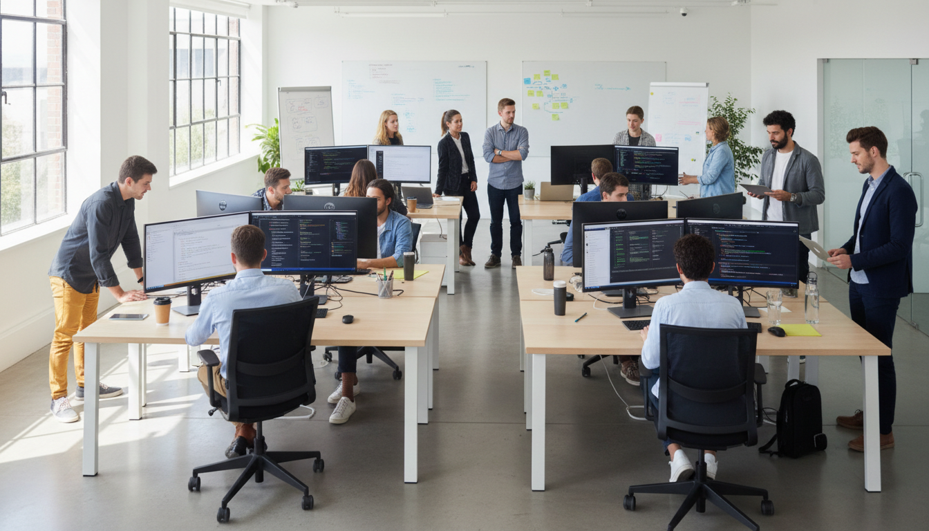 Software team working together in an office